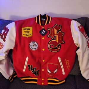 Bold Red and White Varsity Jacket with Patches